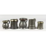 FIVE VARIOUS PEWTER TANKARDS.