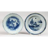 AN 18TH CENTURY DELFT PLATE, painted with a hut on an island and another Delft plate painted with