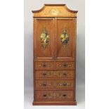 A VERY GOOD EDWARDIAN SHERATON REVIVAL SATINWOOD AND PAINTED WARDROBE, with a shaped cornice, pair
