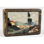 A GOOD PIETRA DURA AND LEATHER BOX, Highland scenes. 4ins long.