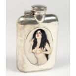 A SILVER HIP FLASK WITH LATER ENAMEL OF A FEMALE NUDE.