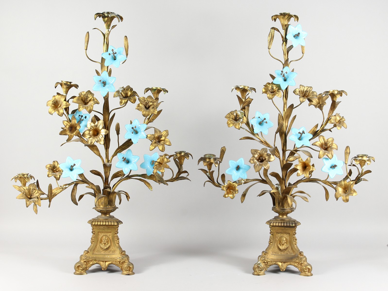 A PAIR OF 19TH CENTURY ORMOLU CANDELABRA, of naturalistic form, with leaves and flowers, the stems