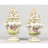 A PAIR OF CONTINENTAL PIERCED VASES AND COVERS painted with birds and insects. 7ins high.