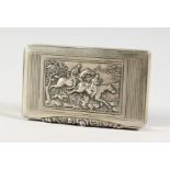 A CONTINENTAL SILVER SNUFF BOX, the top with a fox hunting scene.