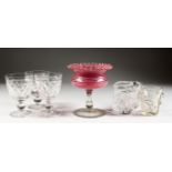 A GLASS RED AND WHITE STEMMED BOWL, and six pieces of cut glass.