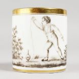 A 19TH CENTURY PARIS COFFEE CAN, painted in sepia with a boy playing with a spinning top.