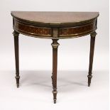 A 19TH CENTURY FRENCH ROSEWOOD, ORMOLU AND MARQUETRY DEMILUNE FOLD-OVER CARD TABLE, the top and