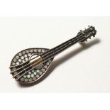 A 9CT GOLD AND SILVER, OPAL AND DIAMOND SET MANDOLIN BROOCH.