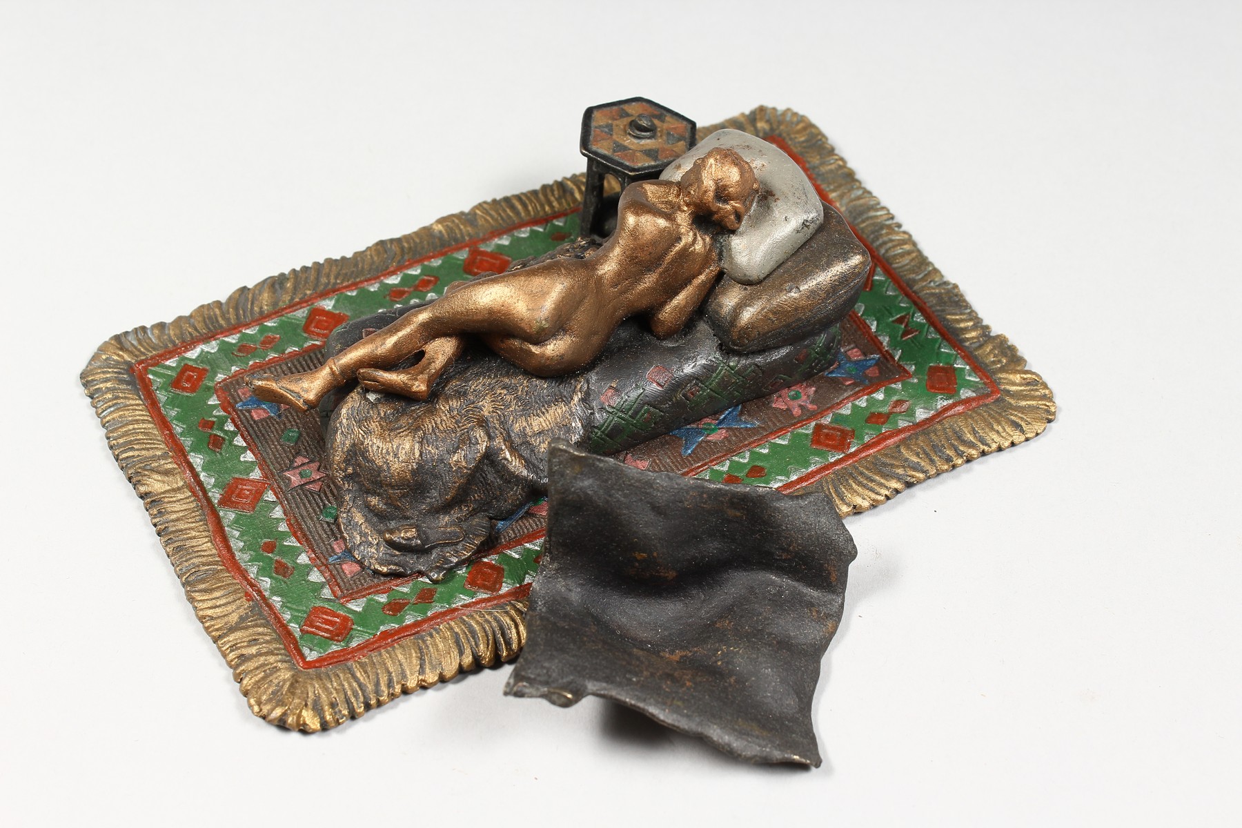 A VIENNA STYLE COLD PAINTED BRONZE MODEL OF A LADY SLEEPING ON A BED, on a Persian rug. 6.25ins - Image 3 of 5