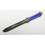 A GOOD MODERN RUSSIAN SILVER LETTER OPENER, with enamel decorated handle and jade blade. 9ins long.