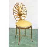 A DECORATIVE WROUGHT IRON CHAIR, gilt decorated with a wheatsheaf oval back.