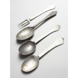 THREE EARLY PEWTER SPOONS and A FORK.