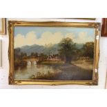 Rural River Landscape oil on canvas in a decorative gilt frame.