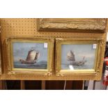 Chinese Junks at Sea watercolours, in decorative gilt frames, a pair.