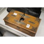 An oak and brass cigarette / cigar box containing bijouterie etc.