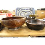 A turned wood bowl with sterling silver foot together with another plain wooden bowl.