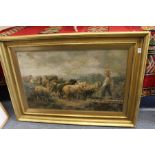 Sheep and Shepherd Boy large chromolithographic print in a moulded giltwood frame.