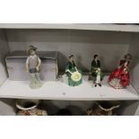 Three Doulton figures, a lady from Williamsburg HN2228, a gentleman from Williamsburg HN2227, Top o'