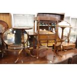 Two dressing table mirrors, two wine tables and a mahogany wash stand.