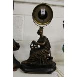 A 19th century aneroid barometer mounted on a base with a seated female figure.