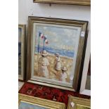 A French beach scene with figures and sailing ships, oil on board.