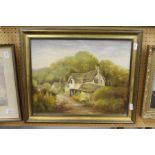 B M Denner "Rural Scene with Thatched Cottage" oil on board, signed.