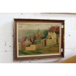 Continental school "A View of a Village with a Distant Church" oil canvas.