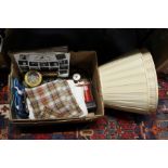 A pair of lampshades, records, foot pump and miscellaneous collectables.