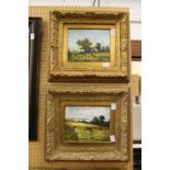 Harvesting scenes, oil on board, in decorative gilt frames, a pair.
