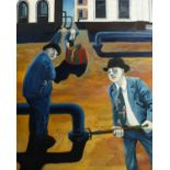 Martin Vernon, a surreal composition with suited figures standing by a pipeline, large oil on canvas