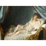 Manner of Boucher. A Reclining Semi Clothed Female in a Boudoir, Oil on Canvas. 21" x 29".