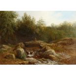 19th century English school. A rocky river landscape, with a young girl on a stone bridge, oil on