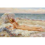 Tatyana Yenikeyeva (b.1968) Russian, 'Sunbathing', signed oil on canvas, 8.5" x 12.5", 22x33cm.
