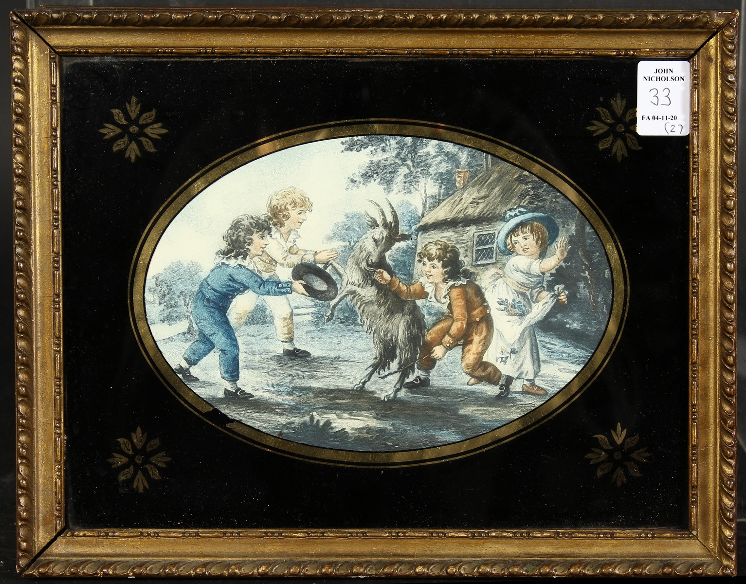 A pair of 19th Century prints of children playing, in verre eglomise frames, 8" x 10". - Image 4 of 6