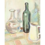 Mid-20th century school, a still life painting of a jug and vessels, oil on card, indistinctly