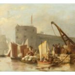 Attributed to William Anderson (1757-1837). Scottish figures unloading a barge, canvas laid down