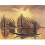 South East Asian school? Figures in a boat by traditional homes, oil on canvas, indistinctly signed,