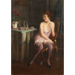 Emil Pap (1884-1949) Hungarian, a scantily clad lady at her dressing table, oil on canvas, signed