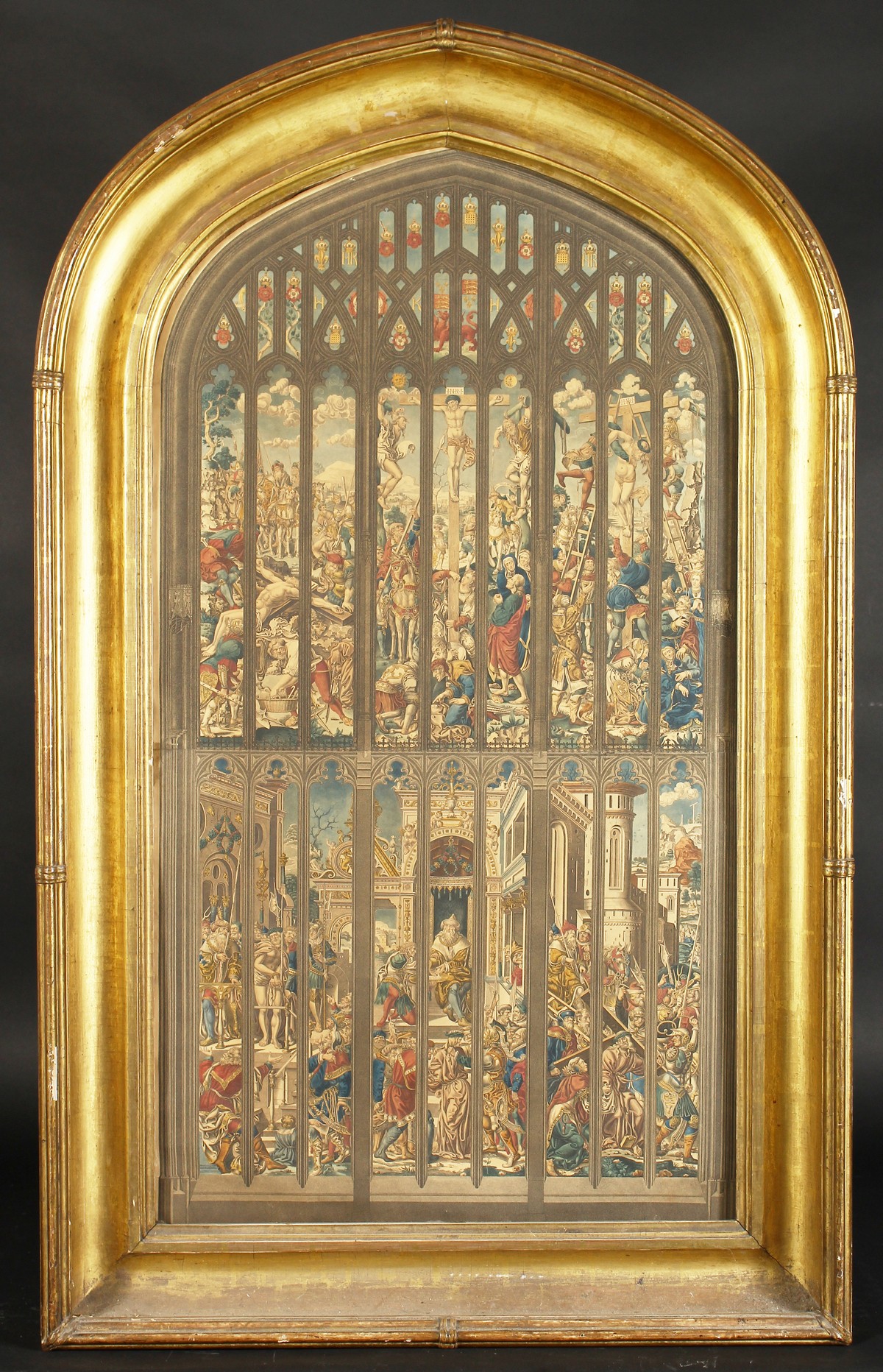 A 19th century coloured print of the east window of Kings College chapel, in an arch top frame, 39"