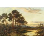 Daniel Sherrin (1868-1940) British. A river landscape at dusk, with figures in the undergrowth,