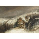 William Thomas Such (1820-1893) British. A winter scene, with sheep by a thatched cottage, oil on