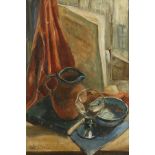 Betty Myer, A still life of a glass jug and a bowl on the table, oil on canvas, signed with a