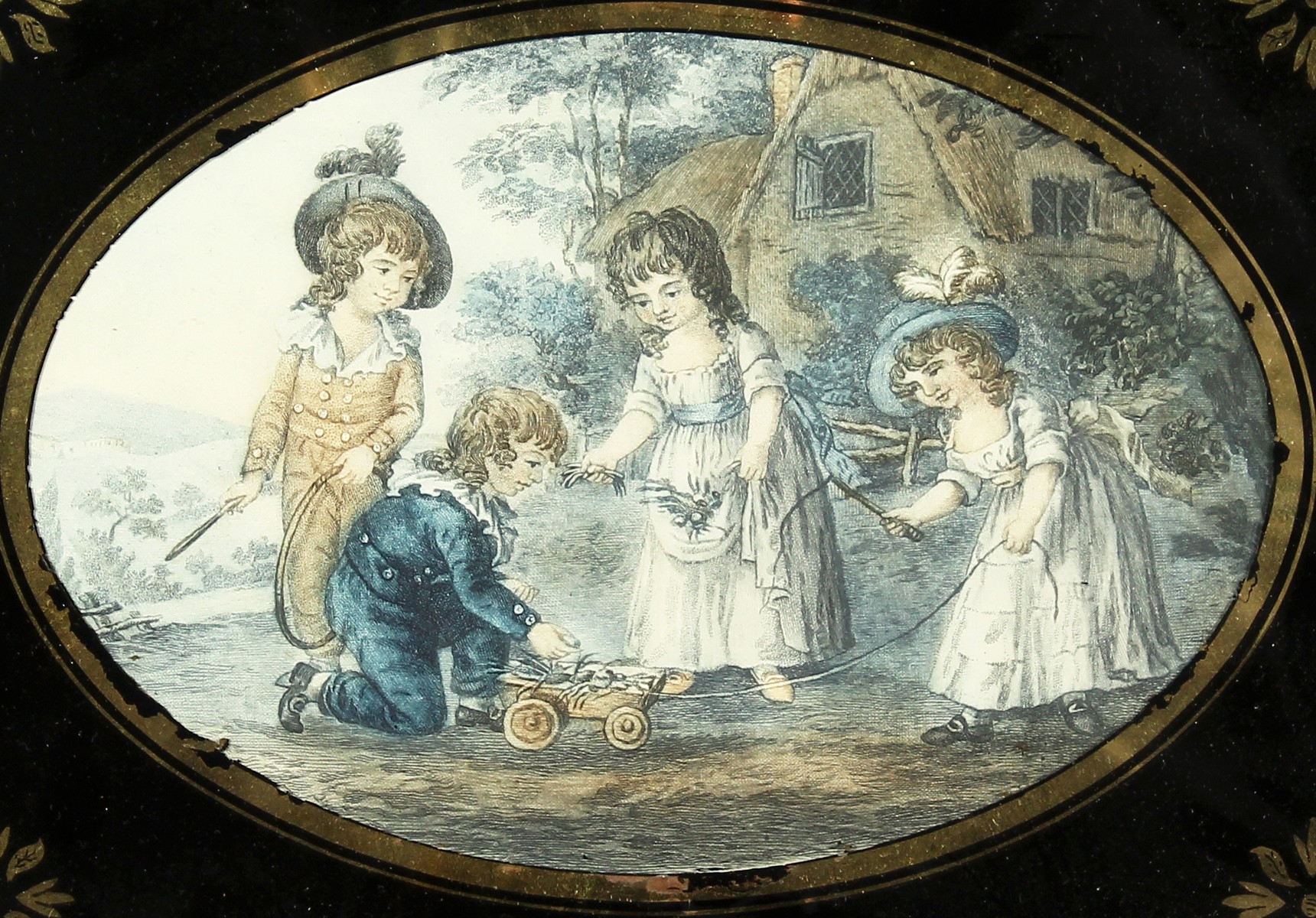 A pair of 19th Century prints of children playing, in verre eglomise frames, 8" x 10". - Image 3 of 6