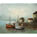 W. Jones, British, a harbour scene with fishing boats, oil on canvas, signed, 17" x 21", unstretched