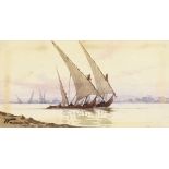 19th century, a scene of Dhows crossing a waterway, watercolour, signed with monogram, 4" x 7.5".