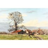Michael Wood (20th century), a farmer with a horse and plough amongst farm buildings, oil on canvas,