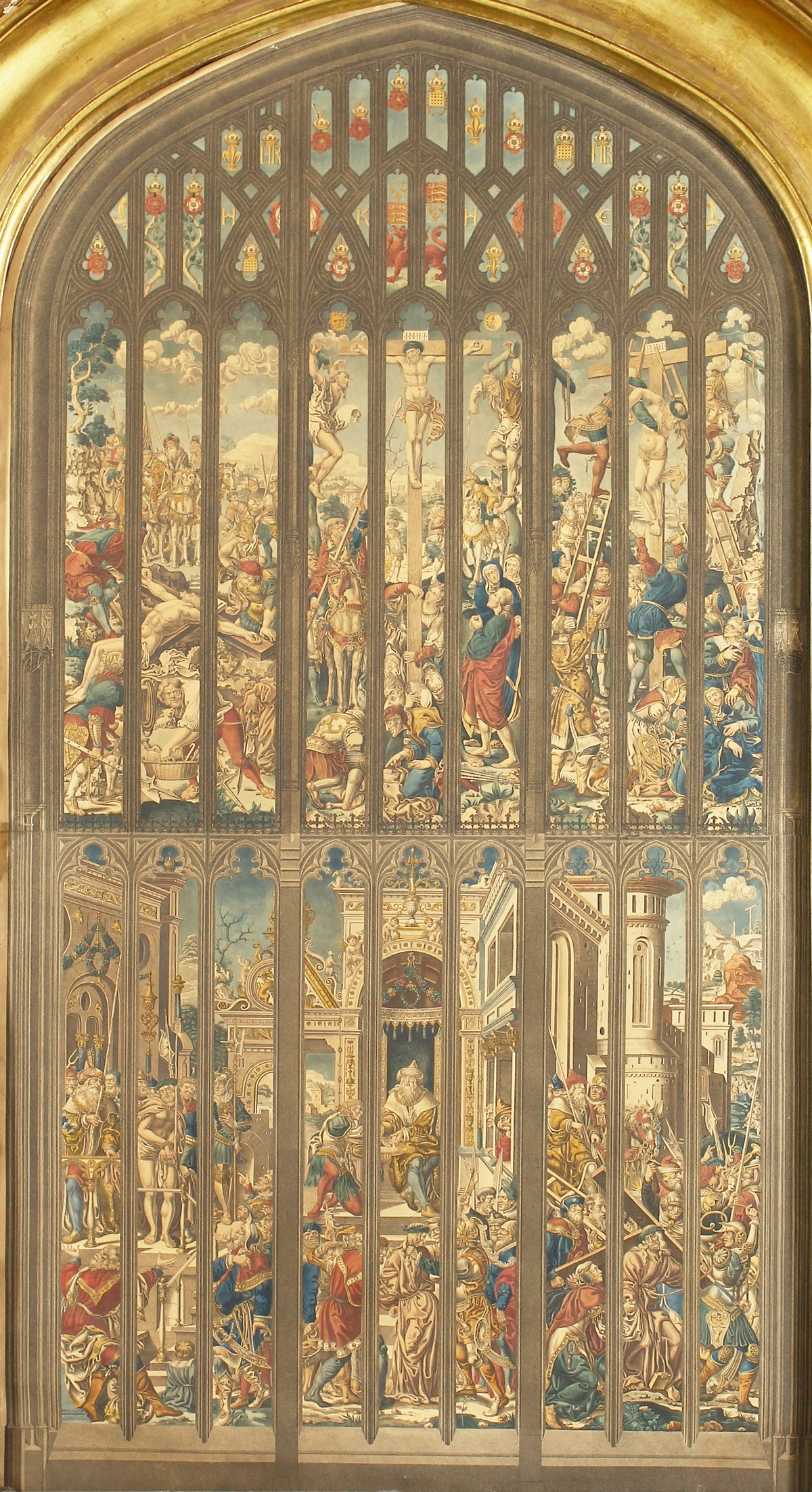 A 19th century coloured print of the east window of Kings College chapel, in an arch top frame, 39" - Image 6 of 6