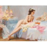 Vladimir Belsky (b.1949) Russian, 'Nude On The Bed', signed oil on canvas, 10.5" x 13.75", 27x35cm.