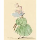 Circle of G.M. Woodward. A Regency Lady in Outsized Millenary, Ink & Wash, 4.5" x 3.5".