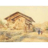 Kinichiro Ishikawa (1871-1945) Japanese. Figures Walking by a House, Watercolour, Signed. 10.5" x